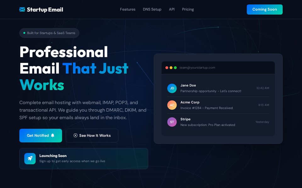 Startup Email website screenshot